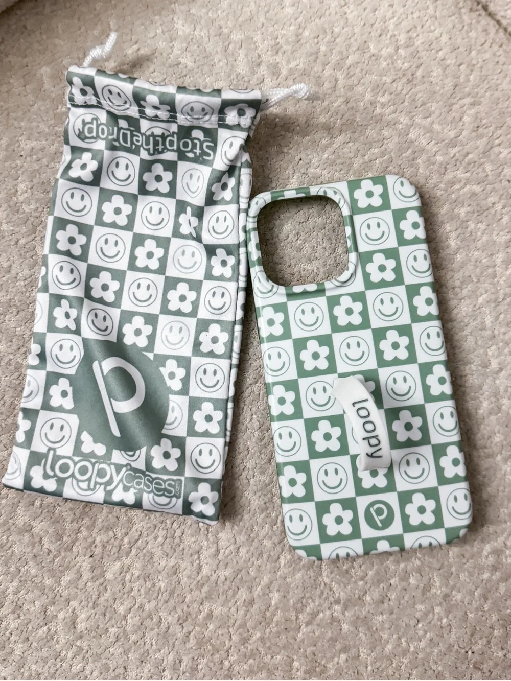 Loopy Sage Green & White Checker Smile + Flower iPhone 15 pro max case